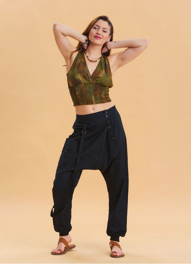 Black Bohemian Shalwar with Elastic Waistband and Rope Detail and Buttons 4555